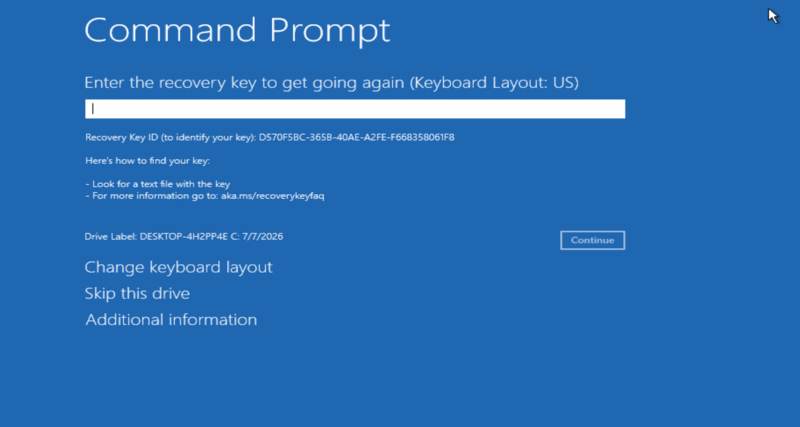 Windows recovery asking for the BitLocker recovery key before repair — the situation the toolkit helps you solve