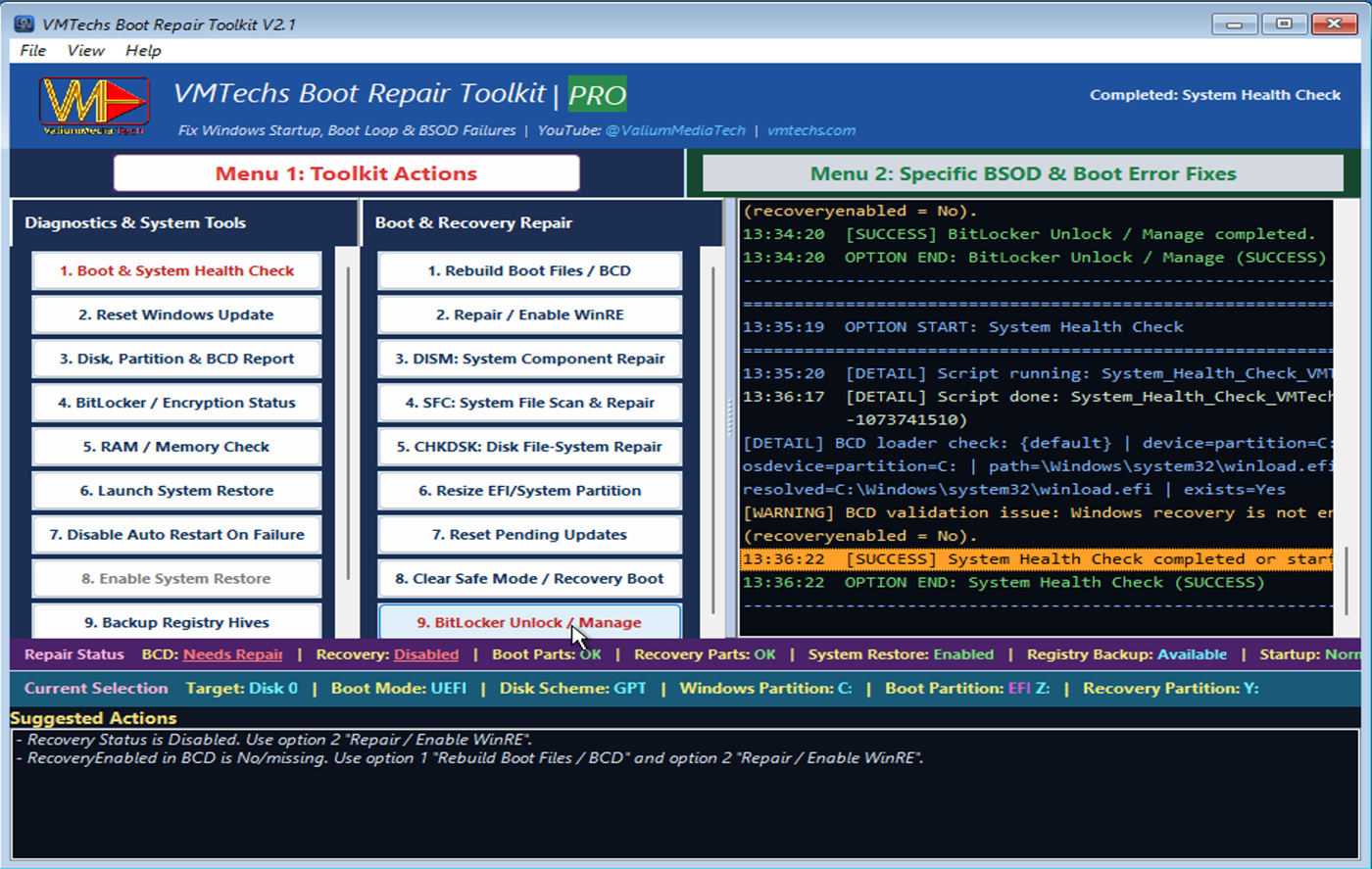 VMTechs Boot Repair Toolkit unlocking and managing a BitLocker encrypted drive, then repairing the boot configuration