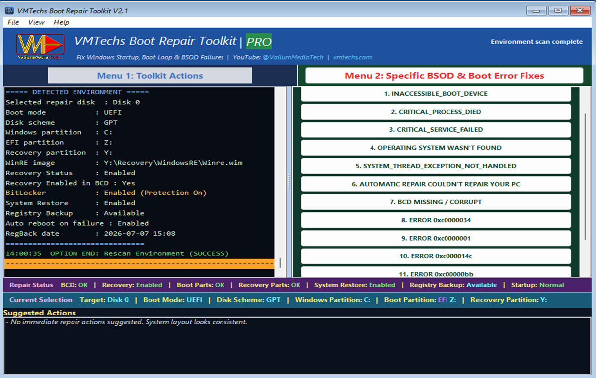 One-click fixes for 13 Windows blue screen and boot errors including INACCESSIBLE_BOOT_DEVICE and Automatic Repair loop