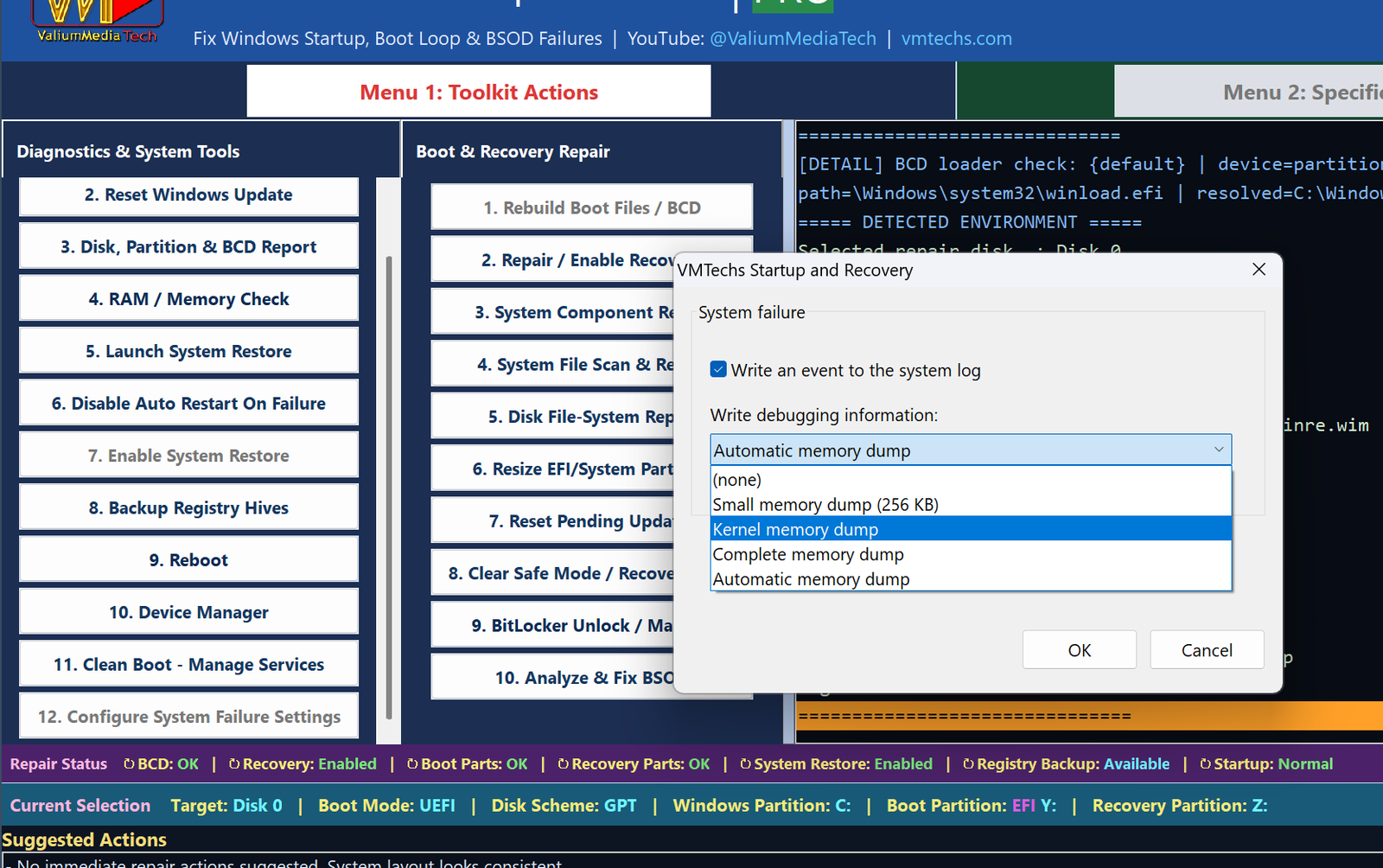 System Failure Settings dialog: configure event log writing and crash dump type selection