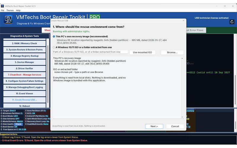 VMTechs Create Rescue USB wizard building a bootable FAT32 rescue drive from a Windows recovery image or a Windows 10/11 ISO