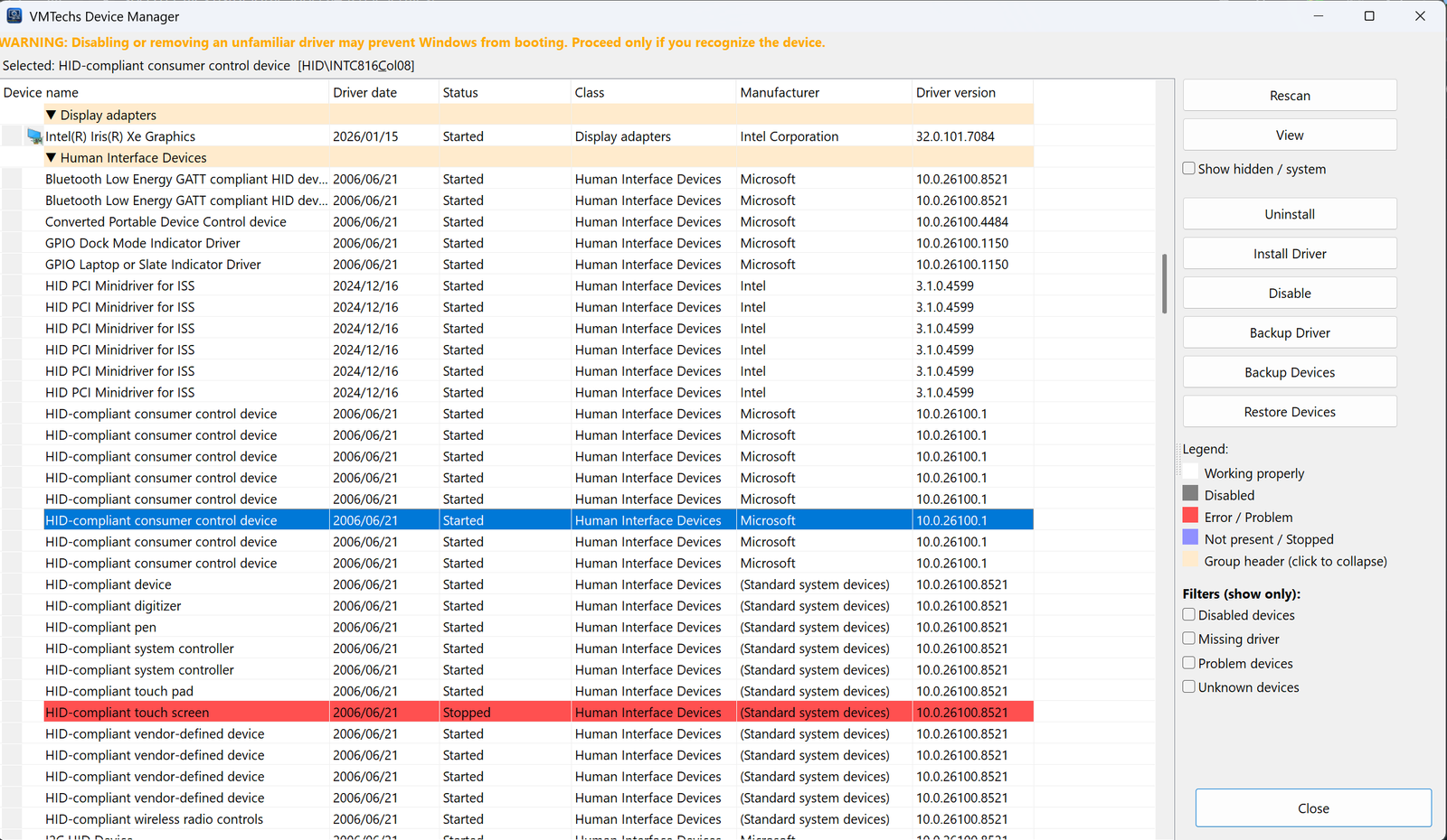 Device Manager dialog listing all hardware devices with status and driver details