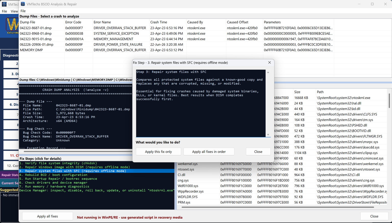 BSOD crash dump analyzer parsing a memory dump file and showing the faulty driver