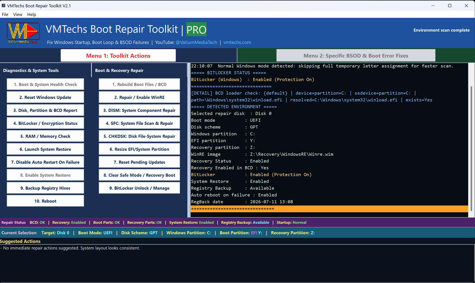 VMTechs Boot Repair Toolkit main window showing one-click Windows boot repair actions and live environment scan