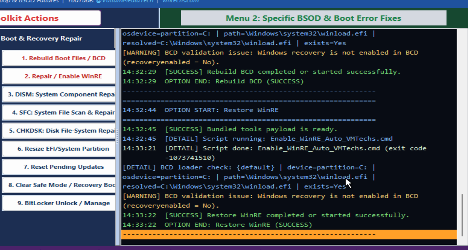 Live repair log showing a successful Windows BCD rebuild and recovery environment repair with success confirmations
