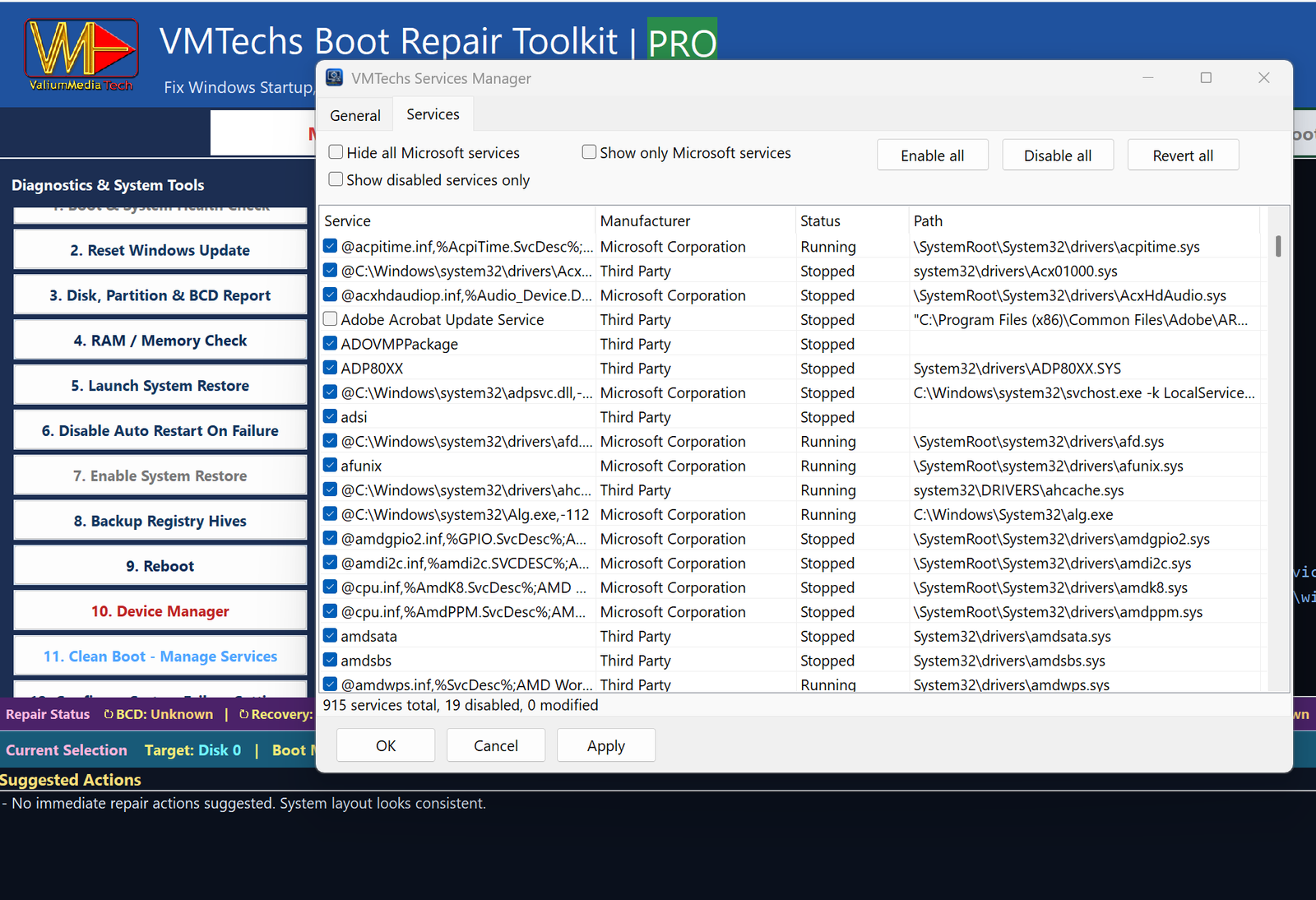 VMTechs Services Manager dialog showing Windows services list with manufacturer, status and start type — clean boot troubleshooting