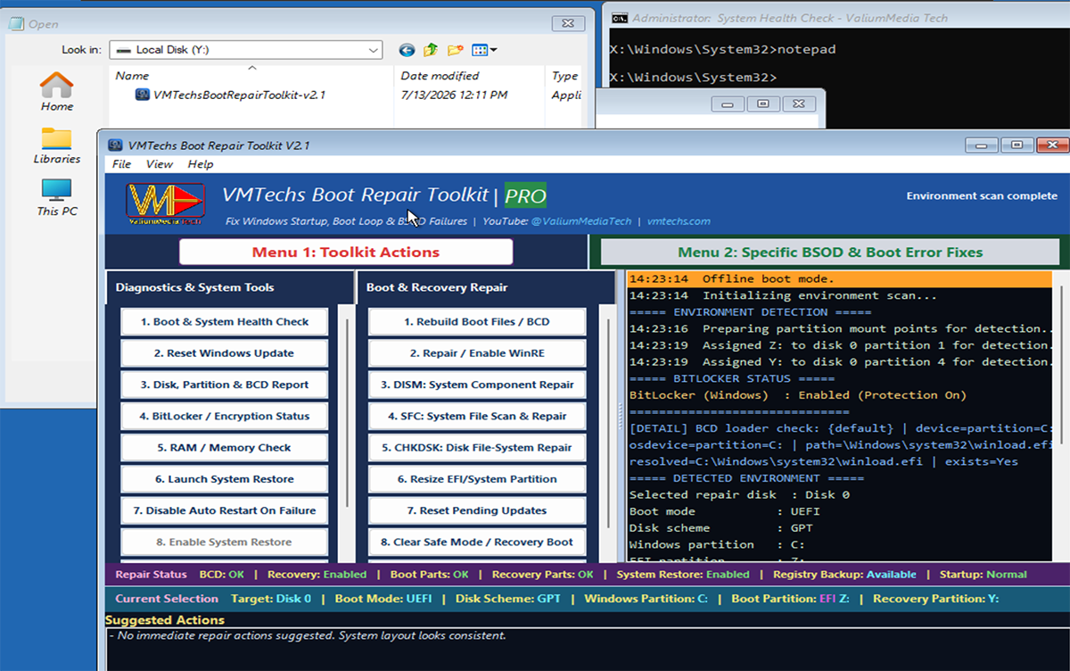 VMTechs Boot Repair Toolkit running from Windows recovery environment WinPE when Windows cannot start