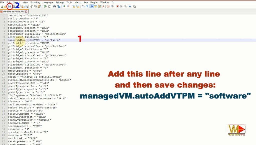 Add managedVM.autoAddVTPM software to VMX file in VMware to install windows 11