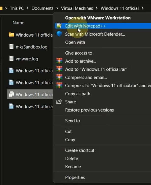 Edit Windows 11.VMX file in VMware