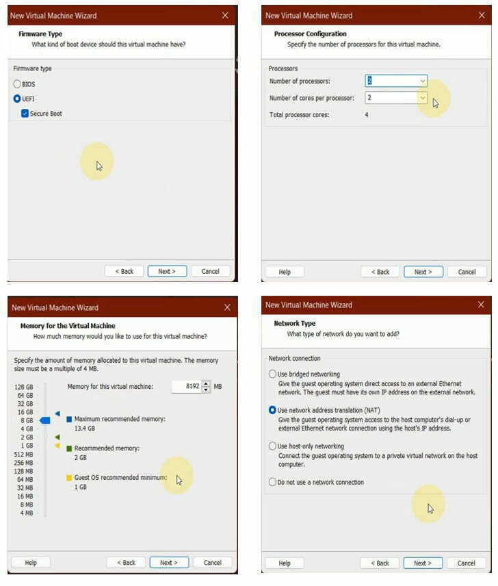 Secure boot, Processor, RAM and Network Configuration in VMware Windows 11