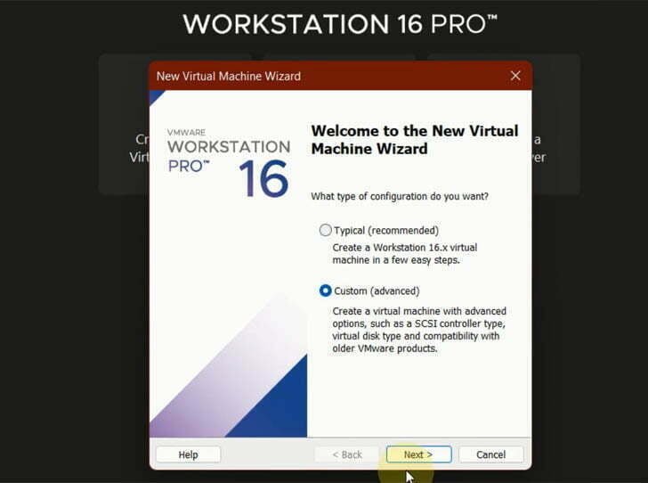 Select Custom (Advanced) option in VMware to install Windows 11